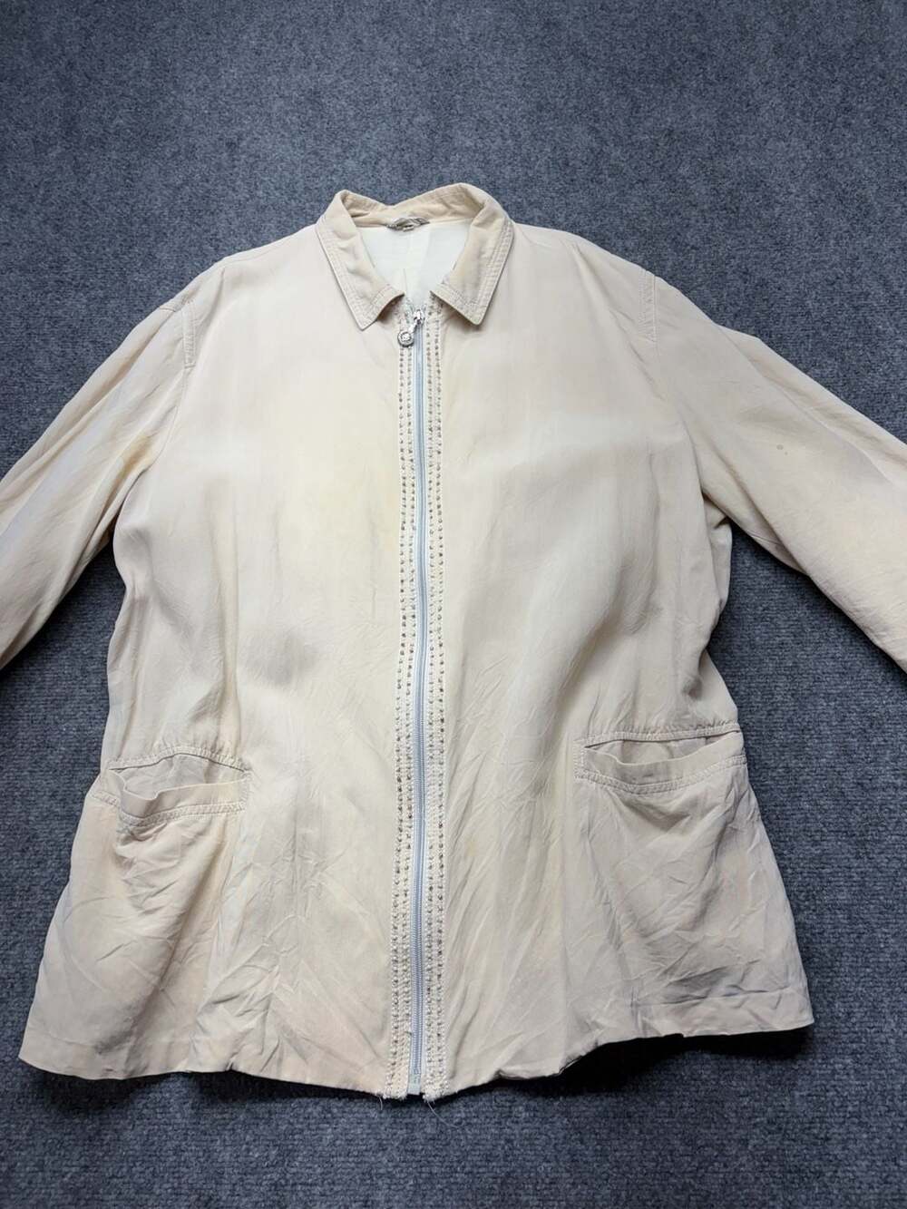 Versace Vintage Cotton Beige Zip-Up Blouson Jacket w/Beaded Trim-for restoration
